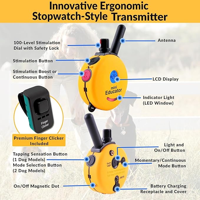 Mini Educator E-Collar ET-300 Remote Dog Training Collar – 1/2 Mile Waterproof, Premium Finger Clicker Trainer, 100 Stimulation Levels + Vibration + Light + Sound – 1 Dog Small to Medium, Yellow
