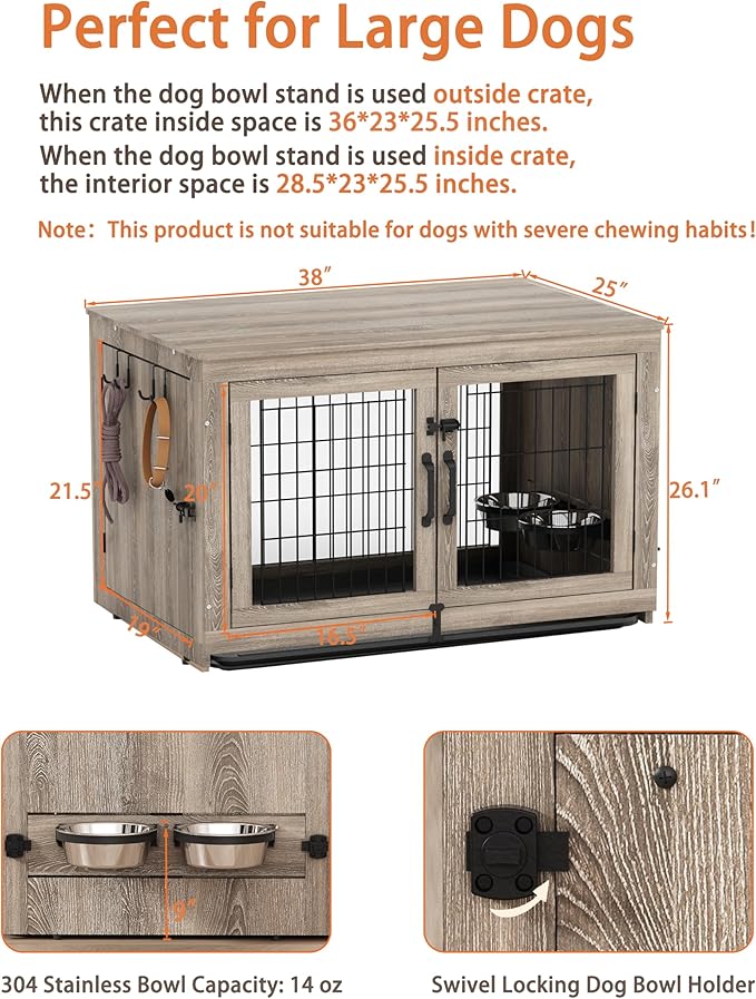 Piskyet Wooden Dog Crate Furniture with 360°Rotatable Removable Dog Bowls, Dog Crate End Table with Tray(L:37.7" L*25.1" W*26.1" H, Gray)