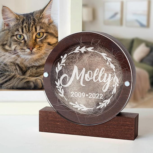 Personalized Pet Hair Keepsake Box for Dog and Cat Fur - Engraved Wood Memorial Box - Unique Customized Gift for Loss of Furry Friend Wooden (Dark Round Wood/Acrylic Lid)