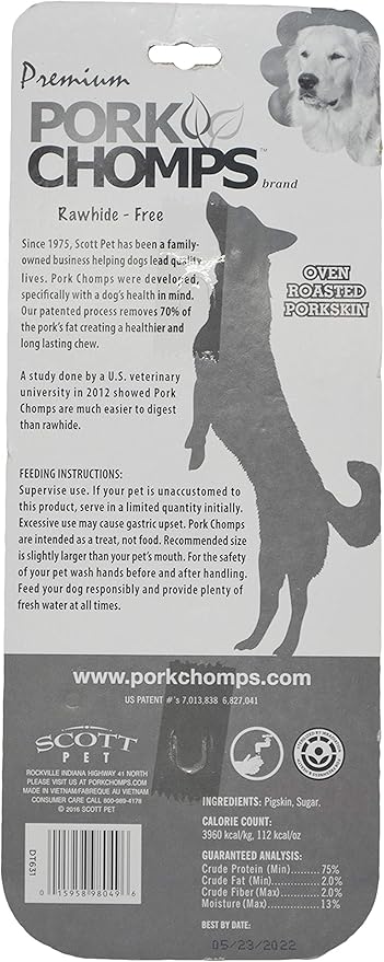 Pork Chomps Roasted Pressed Pork Skin Dog Chew, 7-inch Bone, 1 Count (Pack of 4)