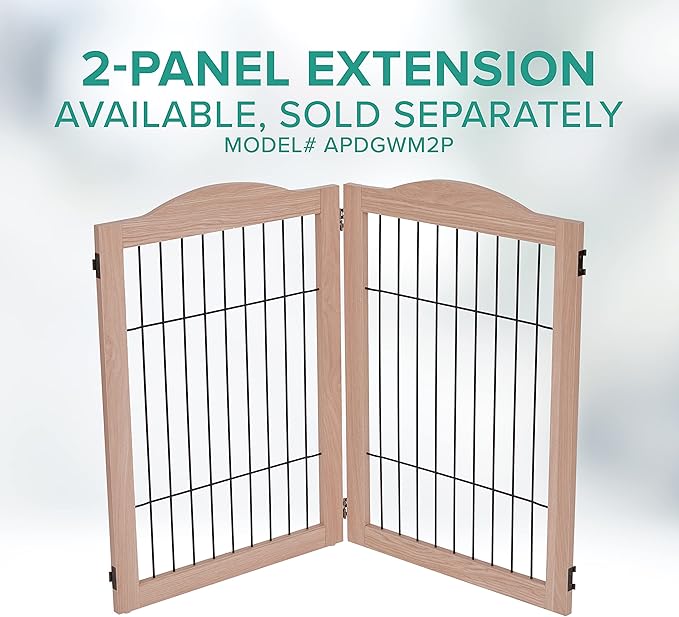 Arf Pets Dog Gate with Walk Through Door, 4 Panel 360° configurable Freestanding Wooden Wire Fence, 80" Wide, 31.5" Tall, Foldable, Support Feet Included, for The House - Indoor Use