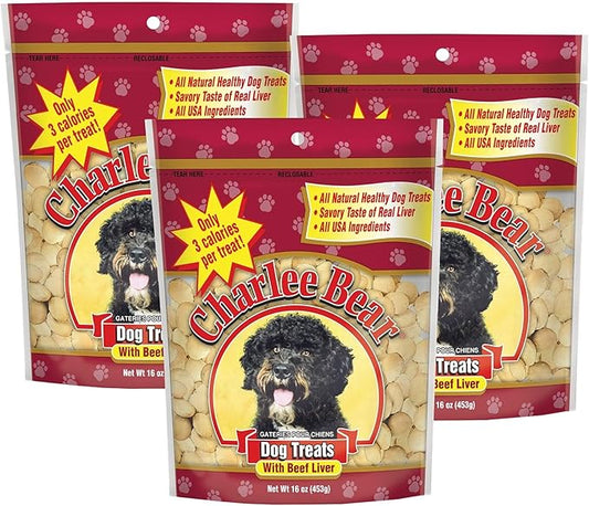 Charlee Bear Original Crunch Dog Training Treats, Beef Liver Flavor, 3 Calories Each, Low Calorie Natural Rewards for Puppies to Adult Dogs, Made in USA, 16 oz (3-Pack)