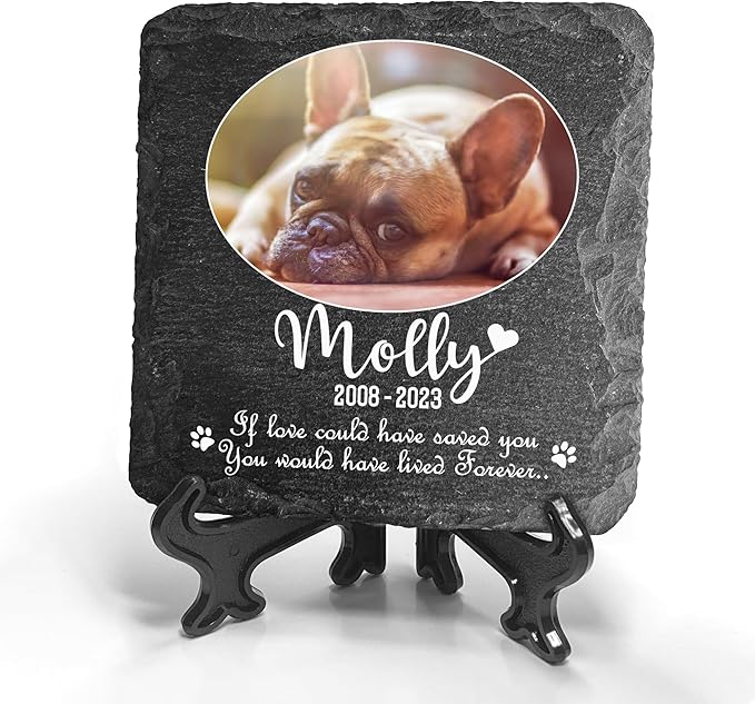 Personalized Individual Square Memorial Plaque + Stand for Pet Cat Dog Slate Stone Frame Paw Grave Marker - Size 3.94" x 3.94" or 100 x 100 mm - Oval Photo