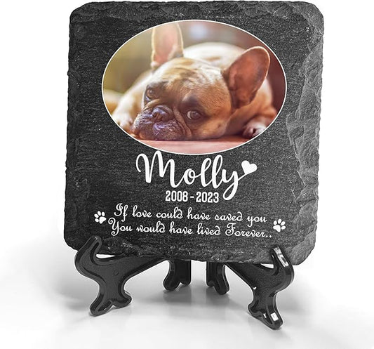 Personalized Individual Square Memorial Plaque + Stand for Pet Cat Dog Slate Stone Frame Paw Grave Marker - Size 3.94" x 3.94" or 100 x 100 mm - Oval Photo