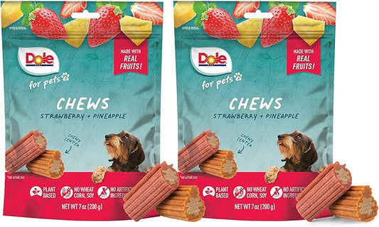 Dole for Pets Dog Chews, Assorted Strawberry + Pineapple Fruit-Flavored Treats, Real Fruit Flavor, No Artificial Colors Flavors or Preservatives, No Wheat Corn Soy, 7.05 Oz Bag - 2 Pack