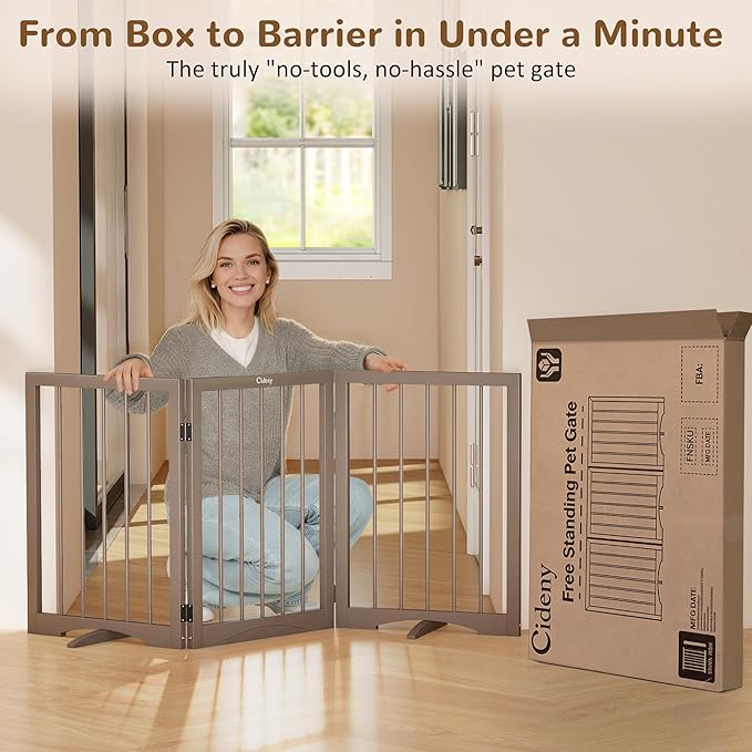 Free Standing Dog Gate Indoor, Foldable Dog Gate for Doorways Stairs Hallways, 3-Panel Freestanding Pet Gate with Support Feet for Stability, Folding Puppy Gate Easy to Move, Doggy Gate 54"x24"