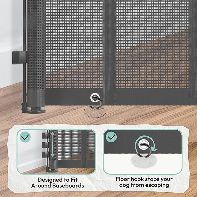 34" H Tall Mesh Dog Gate Extends Up to 120" W Retractable Pet Gate with Drill Installation, Preventing Crawling Through for Stairs, Doorways, Indoor & Outdoor (Gray)