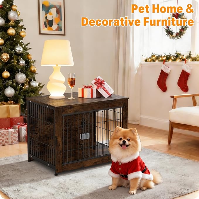 Furniture Style Dog Crate, 32" Wooden Dog Kennel End Table with Solid Top, Indoor Pet Crate House with Secure Slide Lock, Modern Dog Cage Furniture for Small & Medium Dogs, Aged Black