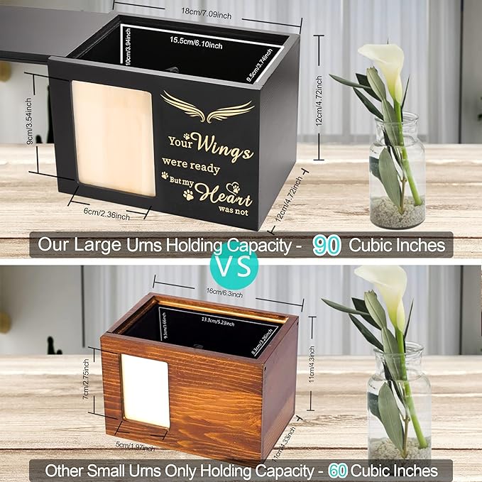 Pet Memorial Urns for Dog or Cat Ashes - Large Wooden Funeral Cremation Urns with Photo Frame, Keepsake Memory Box with Black Flannel Lining