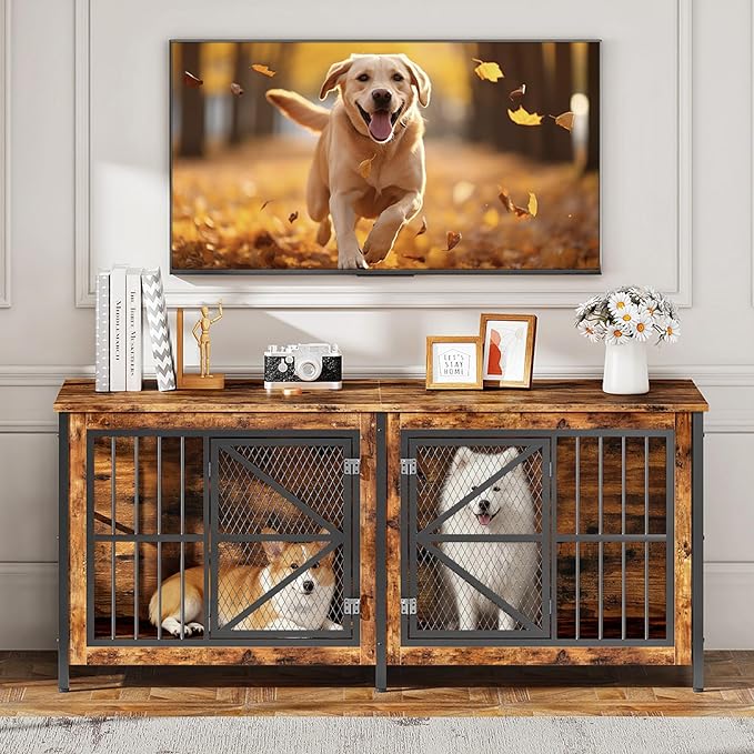 71 Inch Double Dog Crate Furniture for 2 Dogs, Wooden Dog Crate End Table for Medium/Large Dogs, Dog Kennel Furniture with Divider & Double Metal Doors, Rustic Brown and Black TGW02BF