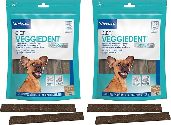 Virbac C.E.T. VEGGIEDENT FR3SH Tartar Control Chews for Dogs, Extra Small, 8 oz, (Pack of 2)