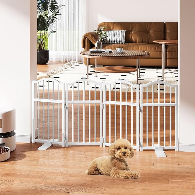 Snughome Dog Gate Indoor, 23.62" H Freestanding Short Dog Door Gates with Support Feet, Expands Up to 48’’ Wide Foldable Pet Gates for Doorways, 4 Panel Folding Pet Door Pet Fence for Puppy, White