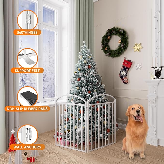 2 Panels Full Matel Freestanding Dog Gates, 48" Extra Wide 32" Tall Free Standing Dog Pet Gate for Indoor & Outdoor. Foldable Pet Fences for Doorways, House, Stairs, Porch, Deck, Yard