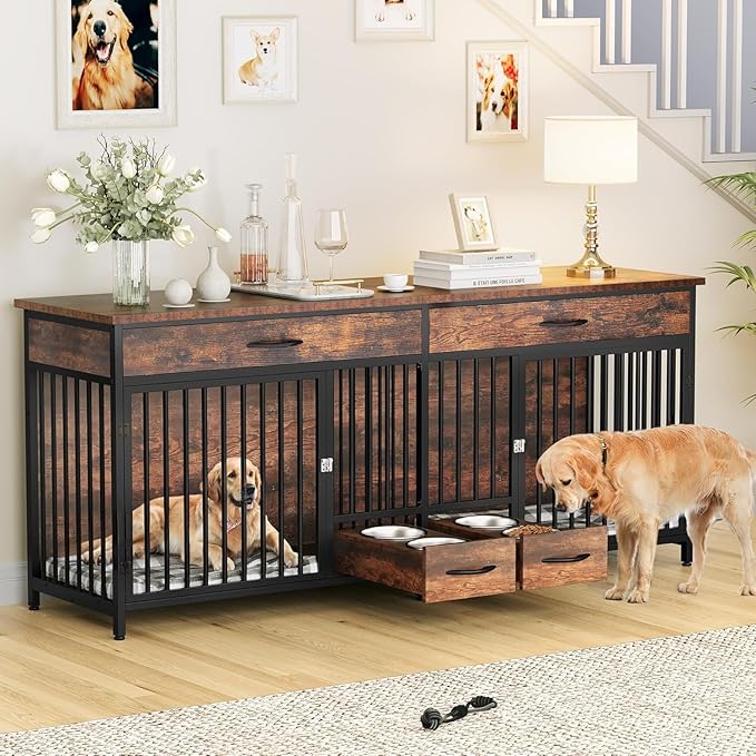 YITAHOME 91.3" Double Dog Crate Furniture with Dog Feeder, Heavy Duty Indoor Dog Kennel TV Stand with Drawers, Sturdy Dog Kennel with Divider for 2 Medium Large Dogs, Brown