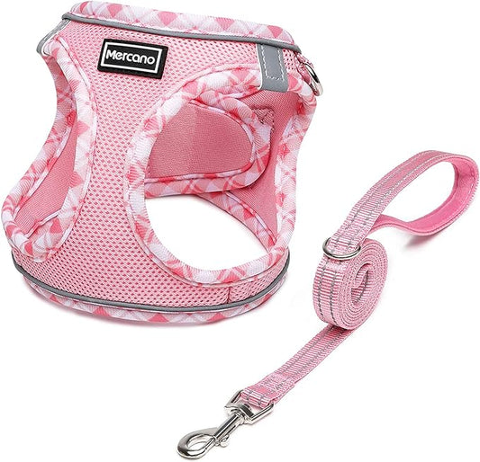 Mercano Soft Mesh Dog Harness and Leash Set, No-Chock Step-in Reflective Breathable Lightweight Easy Walk Vest Harnesses with Safety Buckle for Small Dogs, Cats (Pink, L)