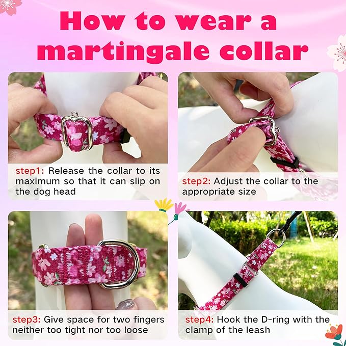 Hikiko Martingale Collar for Dogs with No Buckle Floral Designer Female Dog Collars Nylon No Pull Dog Collar for Large Dogs,Japanese Pink,L