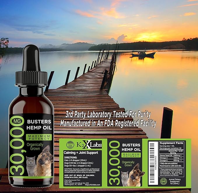 Busters Organic Hemp Oil 2Pack, 2Months Supply Treats for Dogs and Cats Perfect Ratio Omega 3 and 6 Made in USA Hip and Joint Health, Natural Relief, Calming