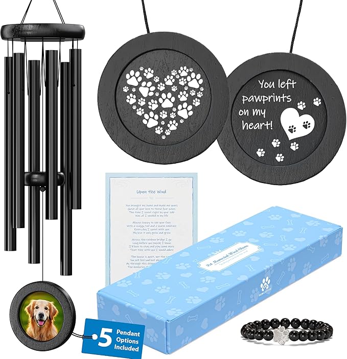 Dog Memorial Wind Chime 28" with 5 Pendant Designs and Comforting Pet Loss eBook- Pet Memorial Gifts-Loss of Dog Sympathy Gift-Dogs Wind Chimes, Remembrance Gift