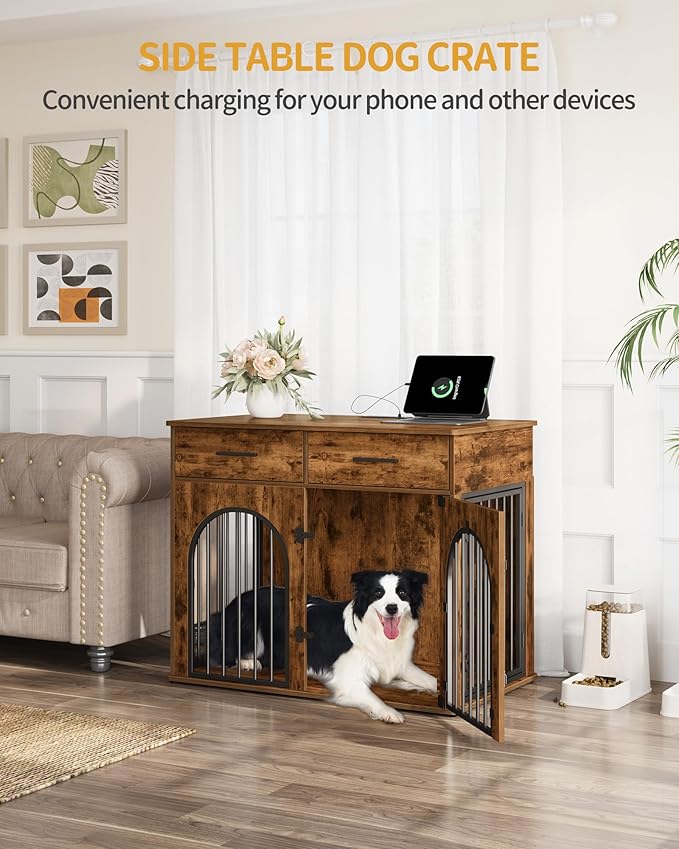 39.4'' Dog Crate Furniture with 2 Drawers, Indoor Dog Kennel with Charging Station, Wooden Dog Cage Side End Table Kennel for Medium/Large Dogs, Rustic Brown DFC84201B