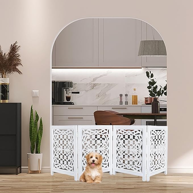 Lightnpro Foldable Carved Wooden Dog Gate with Stopper - Freestanding Indoor Pet Barrier for Home, Adjustable Dog Fence for Stairs, Doorways & Hallways - 24x18 Inch (4 Panels) Antique White