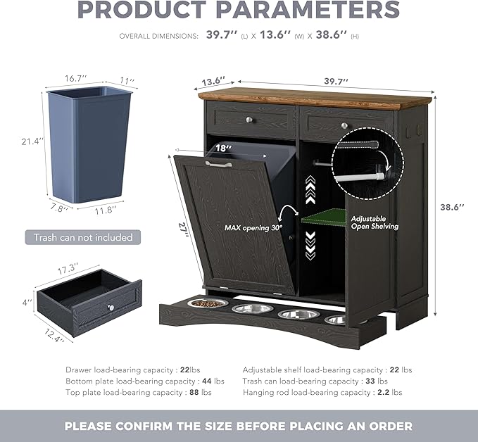 FIMELLO 39.7’’W Dual Doors Dog Food Storage Cabinet, Tilt-Out Dog Feeding Station with 4 Feeding Bowls, Pet Feeder Cabinet, Black Grain