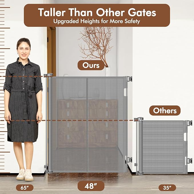 Reinforced 48" Extra Tall Dog Gate with Support Rods, 4 Ft Tall Retractable Dog Gates for Doorways 55" Wide Mesh Baby Gate for Cats - Prevent Baby/Pet from Jumping Over, Gray