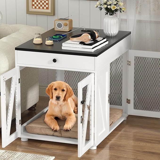 VOWNER Dog Crate Furniture, Wooden Dog Kennel End Table with USB Charging Station, Storage Drawer, Double Latched Door, Furniture-Style Crate Side Table for Medium Dogs Under 40 lbs Indoor Use, White