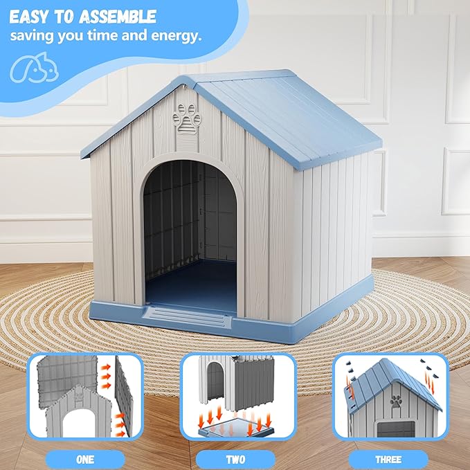 DRATO Indoor & Outdoor Dog Houses, Resin Material Dog House with Waterproof Roof and Raised Floor Design.(Blue)