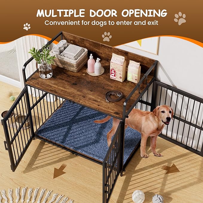 Large Dog Crate Furniture for Dogs, Wooden Decorative Heavy Duty Indoor Dog Kennel with Double Doors for Medium Small Breed, Pet House Dog Cage with Side End Table