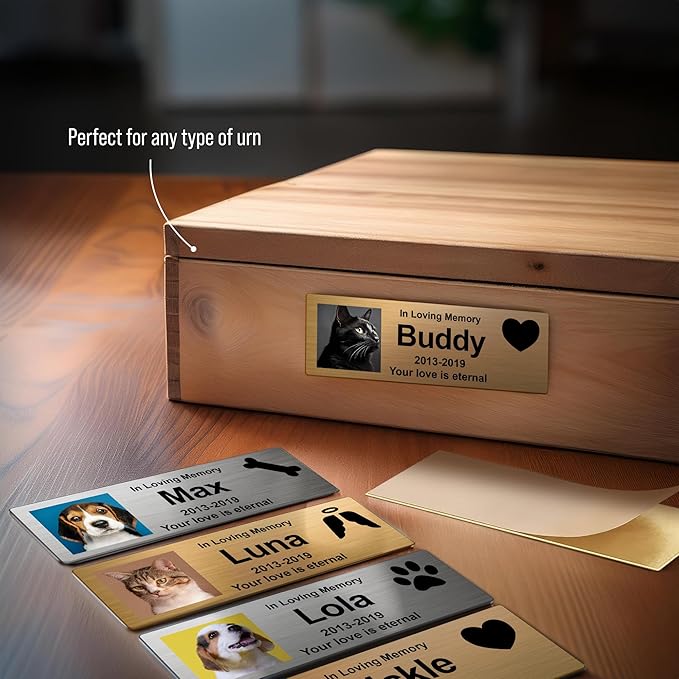 Custom Pet Memorial Nameplate for Urns & Ashes Boxes, Personalized Stainless Steel Adhesive Backing Badge Remembrance Tags (Text + Photo)