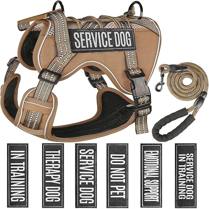 Service Dog Tactical Vest Harness and Leash Set Medium Sized Dog Emotional Support- Tactical Dog Harness Training Collar with Name (Khaki, S)