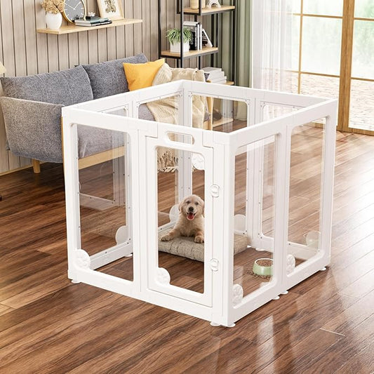 Clear Acrylic Dog Play Pen Indoors 30", 8 Panels Transparent Puppy Playpen with Door for Small Dogs Puppies, Modular Plastic Pet Playpen Cage Fence Crate for Cat Kitten Rabbit, White