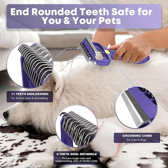 3-in-1 Dog Dematting Comb - Stainless Steel Undercoat Rake with Flea Remover & Deshedding Tool, Professional Grooming Brush for Long-Haired Dogs and Cats, Effortlessly Removes Matted Hair