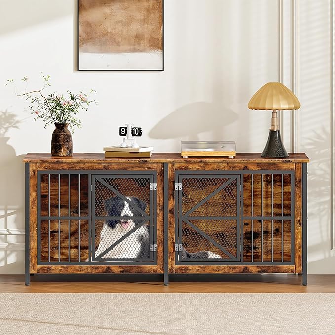 71 Inch Double Dog Crate Furniture for 2 Dogs, Wooden Dog Crate End Table for Medium/Large Dogs, Dog Kennel Furniture with Divider & Double Metal Doors, Rustic Brown and Black TGW02BF