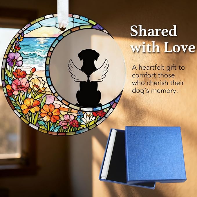 Glass Dog Memorial Ornament 3" - Personalized Pet Loss Suncatcher Keepsake with Gift Box, Remembrance Ornament for Christmas, Christmas Stocking Stuffer Sympathy Decoration for Pet Lovers (Sea)