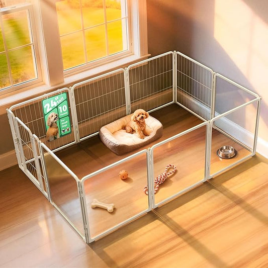 FXW AuraSpace Pro Acrylic & Wire Mesh Indoor Dog Playpen, 24" Height 10 Panels Metal Dog Pen for Puppies & Small Dogs, White│Patented