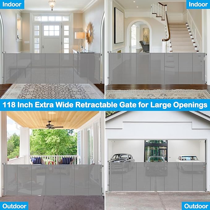 Reinforced 42" Extra Tall X 120" Extra Wide Retractable Dog Gate for Doorways Wide Pet Gate Indoor Prevent Kid/Pet Jumping Over Tall Retractable Baby Gates for Dogs Outdoor Dog Gates for Doorways,Gray