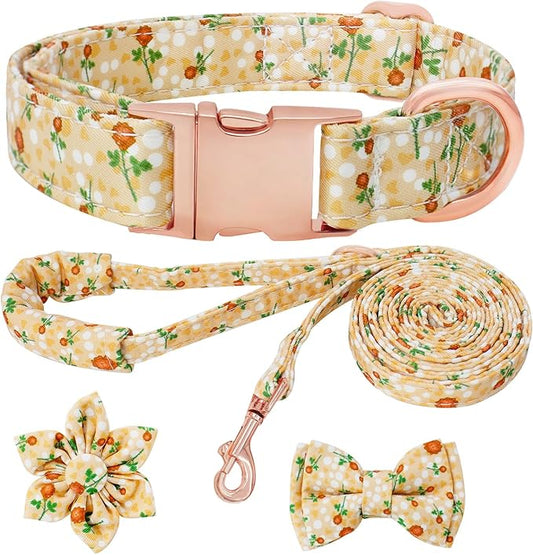 Dog Collar and Leash Set Girls Adjustable Puppy Collars with Floral Bow Tie for Small Medium Large Female Dogs, YellowFlower, M