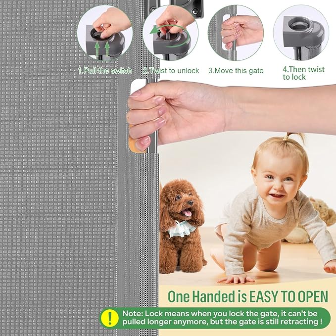 Retractable Baby Gate, Extra Wide Safety Kids or Pets Gate, 33” Tall, Extends to 71” Wide, Mesh Safety Dog Gate for Stairs, Indoor, Outdoor, Doorways, Hallways(33”x71”- Grey)