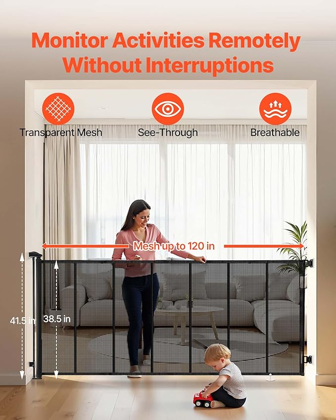 VEVOR Retractable Baby Gate, Extends to 120 inch Extra Wide, 38.5 inch Tall, with Reinforced Fiberglass Strips, Avoids Crawling Through, Mesh Dog Gate for Decks, Doorways, Garages, Indoor, Black
