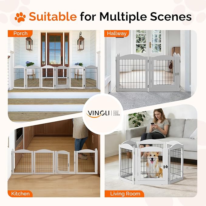 VINGLI Freestanding Dog Gate with Door, Pet Gate with Walk Through Door, Foldable Pet Safety Fence for Stairs Doorways Fireplace (24" H - 6 Panels)