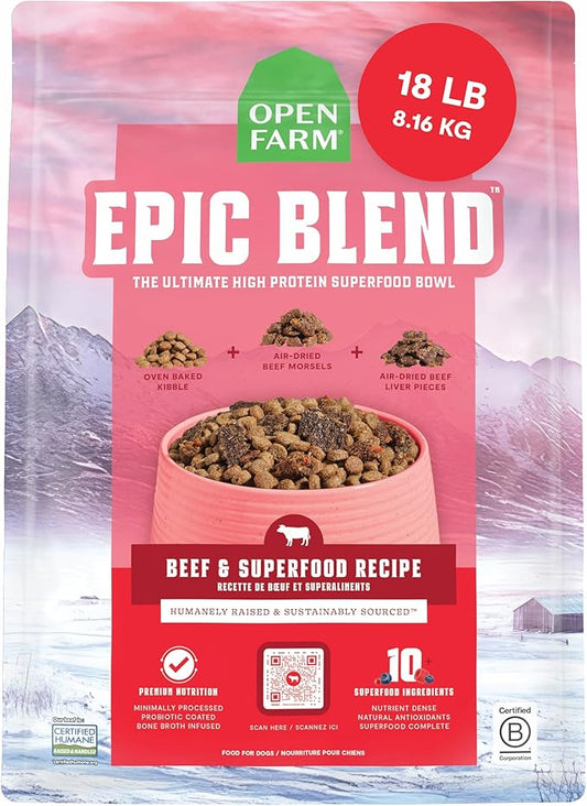 Open Farm, Epic Blend High Protein Dry Dog Food, Probiotic Coated & Bone Broth Infused Kibble with Air Dried Meat & Organs, Minimally Processed & Nutrient Dense, Beef & Superfood Recipe, 18lb Bag