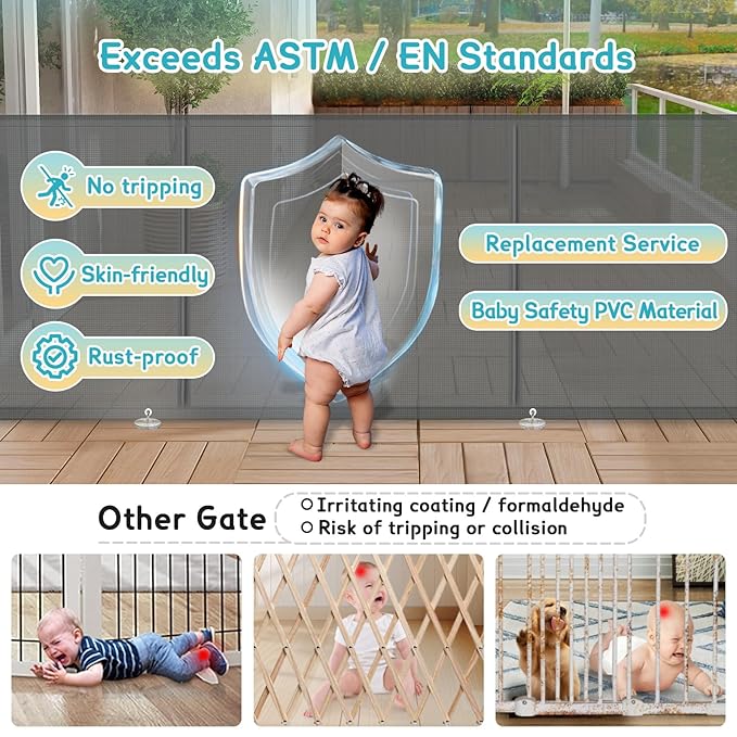 160 Inch Retractable Baby Gates Extra Wide, 42 Inch Extra Tall Retractable Gate for Indoor/Outdoor, 13 Foot Reinforced Retractable Dog Gate with Reinforcement Rod for Doorways, Stairs, Garage