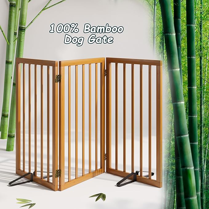 Semiocthome Freestanding Dog Gate 32" Tall, 3-Panel Foldable Dog Gates for Doorways Stairs House, Pet Gate Indoor with 2 Metal Stands, Walnut