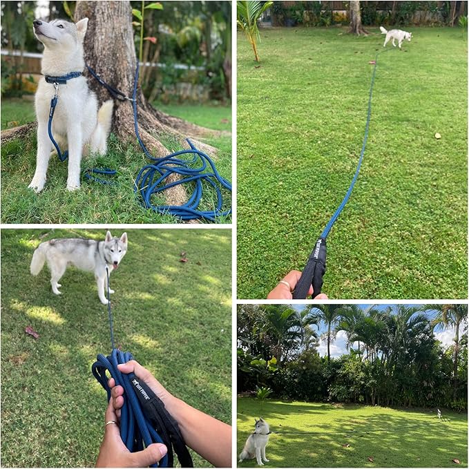 Tuff Pupper Heavy Duty 30 Foot Long Rope Leash for Dogs | Dog Recall Training Lead | High Visibility Strong Climbing Rope Leash | Hand or Waist Worn | Stainless Steel 360° Clips for Tangle Free Use