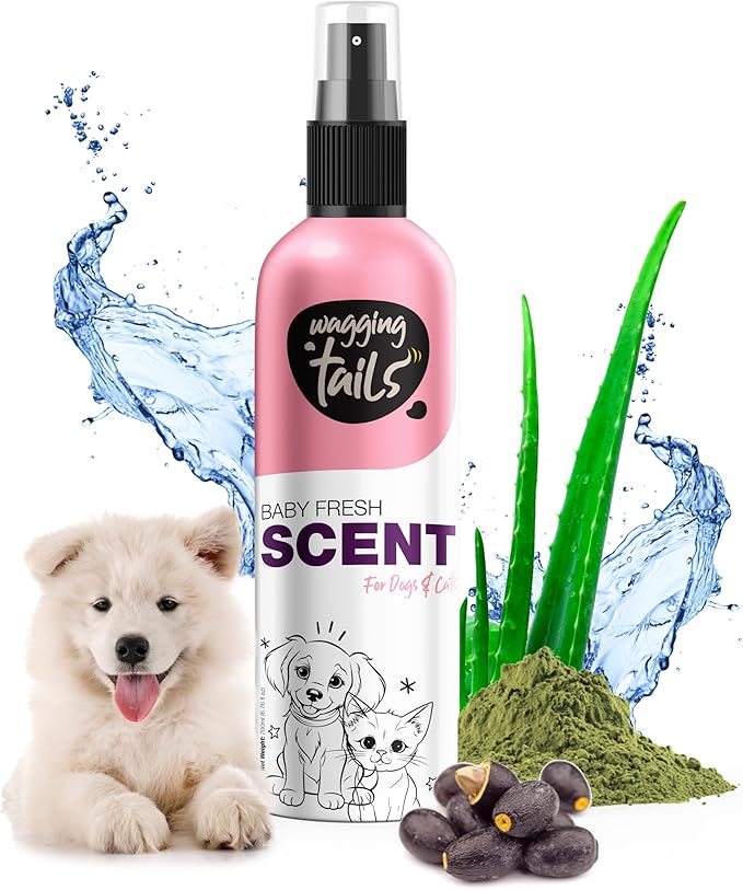 Wagging Tails Baby Fresh Pet Scent | Natural Aloe Vera & Elemi Gum Oil | Long-Lasting Deodorizing Spray for Dogs & Cats | Alcohol-Free Moisturizing Perfume Mist | 200ml (6.76 fl oz)