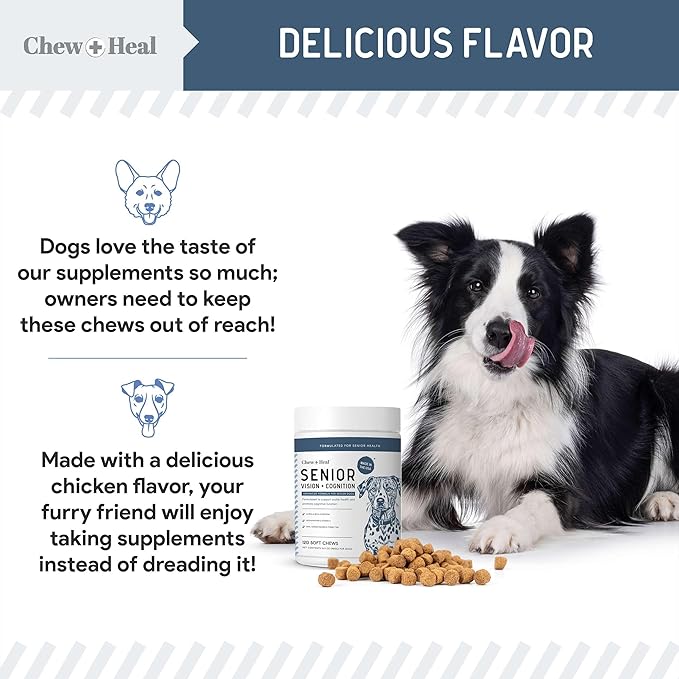 Chew + Heal Labs Senior Dog Vision and Cognition Chews - 120 Soft Chews for Dog Eye Care and Memory - 7-in-1 Multivitamin with Omega Fatty Acids, Vitamins, and Botanicals - Made in the USA