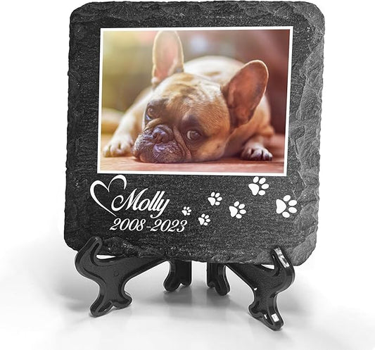 Personalized Individual Square Memorial Plaque + Stand for Pet Cat Dog Slate Stone Frame Paw Grave Marker - Size 3.94" x 3.94" or 100 x 100 mm - Photo and Paw Print