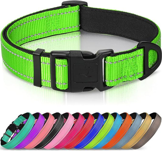 Joytale Reflective Dog Collar, Soft Neoprene Padded, Metal D-Ring, Nylon Pet Collar Adjustable for Puppy and Small Dogs, Green, XS