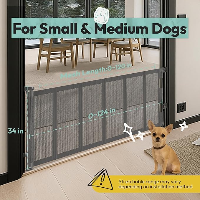 34" H Tall Mesh Dog Gate Extends Up to 120" W Retractable Pet Gate with Drill Installation, Preventing Crawling Through for Stairs, Doorways, Indoor & Outdoor (Gray)